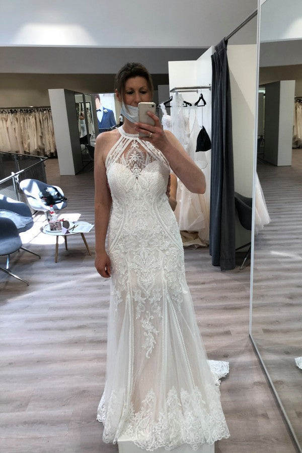 Bmbride Halter Appliques Lace Backless Floor-length Mermaid Wedding Dress