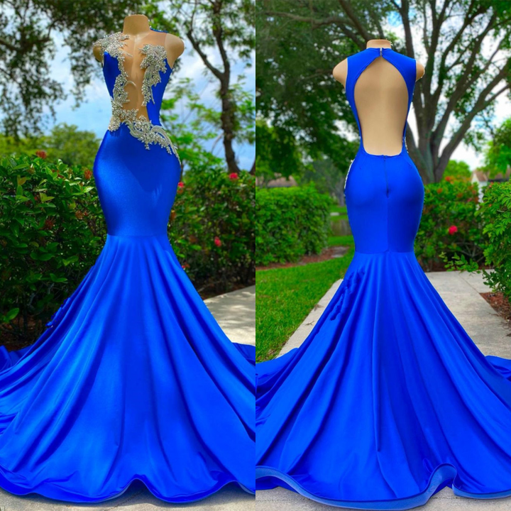 Sleeveless Sexy Cut Out Appliques Royal Blue Mermaid Prom Dress