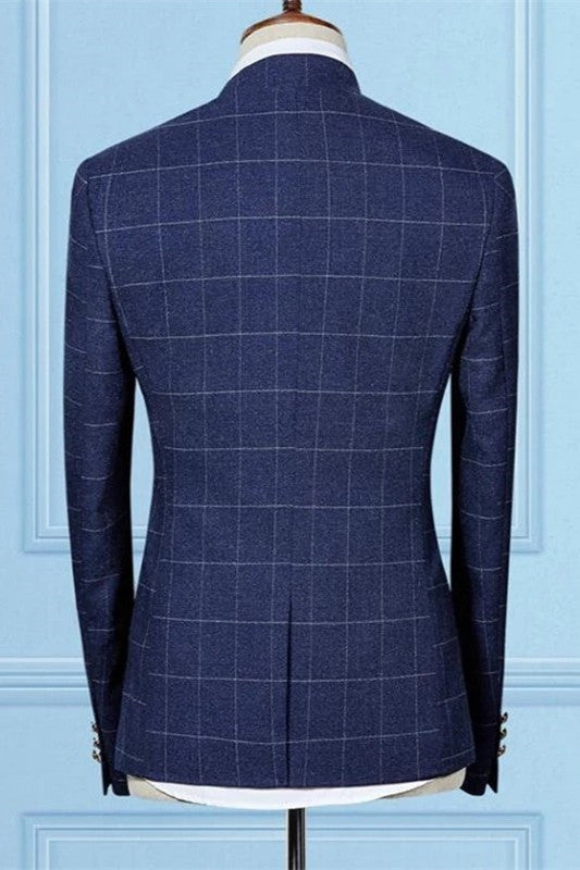 Koscy Shining Dark Navy Three-Piece Groom and Groomsmen Suit with Plaid