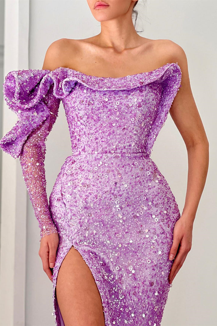 One-shoulder mermaid sequins slit evening dress with long sleeve in purple