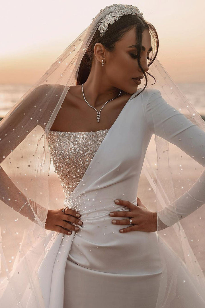 Bmbride One Shoulder Long Sleeve Sequins A-line Wedding Dress