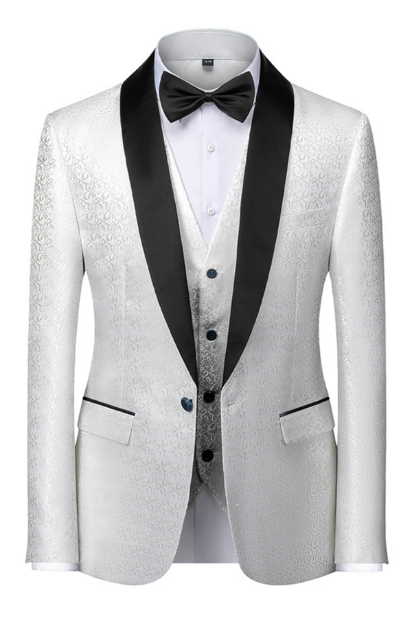 Koscy Elegant Black and White Satin Shawl Lapel Prom Suit with Jacquard