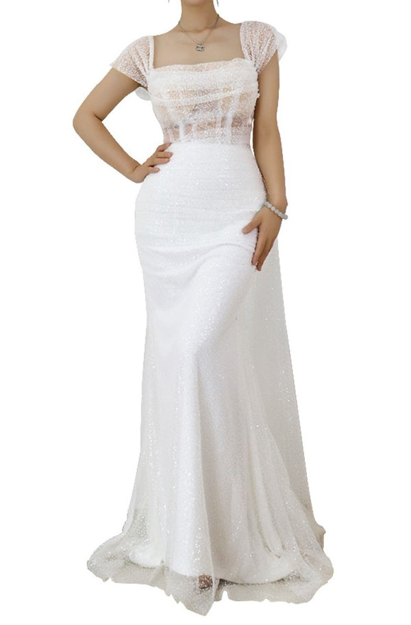 Long Tulle White Spaghetti Strap Sleeveless Elegant Prom Dress
