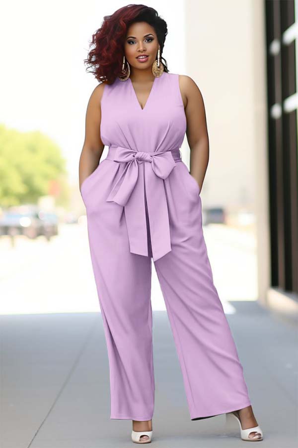 Koscy Pool Blue V-Neck Sleeveless Jump Suit With Bow Belt