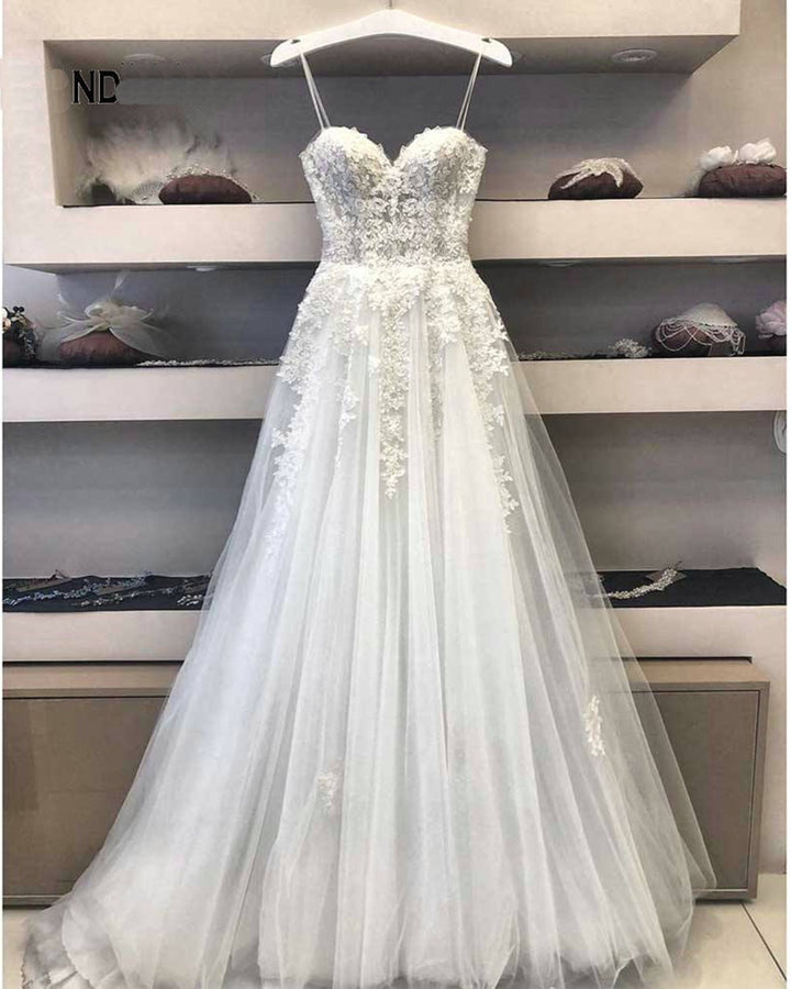 Bmbride Princess White Long Formal Bridal Gown: A-Line Lace Wedding Dress