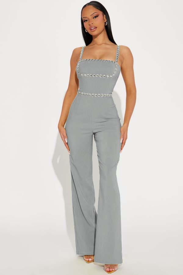 Koscy Fashion Green Square Neck Spaghetti-Straps Slim Fit Jump Suit