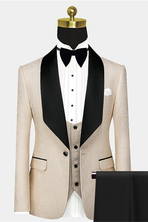 Koscy Gentle Champagne Floral Jacquard Wedding Suit with Black Large Lapel