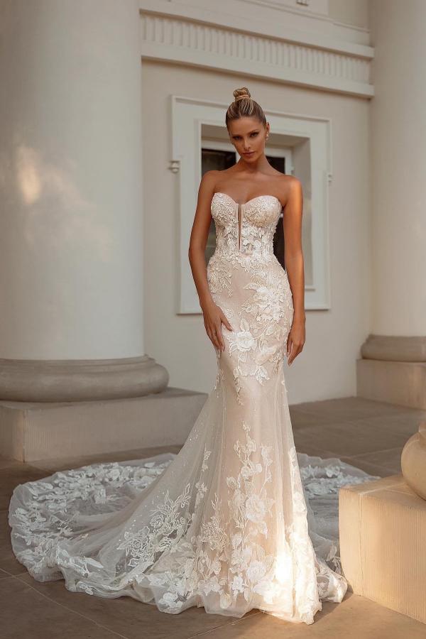 Bmbride Long Mermaid Sweetheart Tulle Lace Wedding Dresses with Jacket