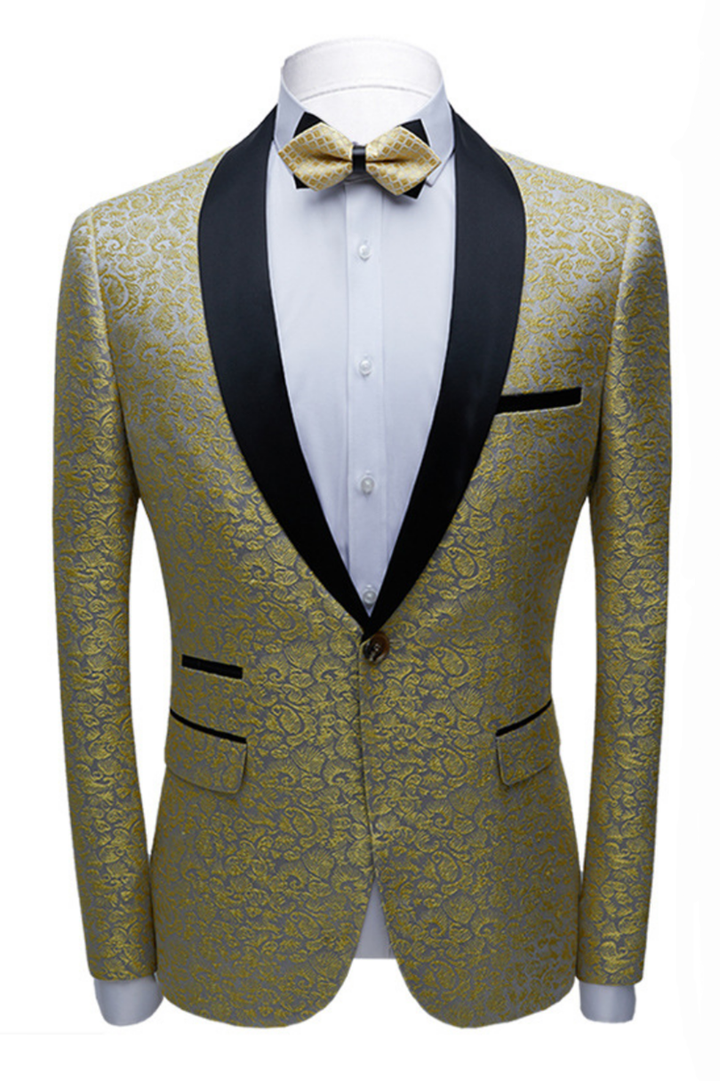 Koscy Gentle Black Shawl Lapel One-Button Jacquard Wedding Suit