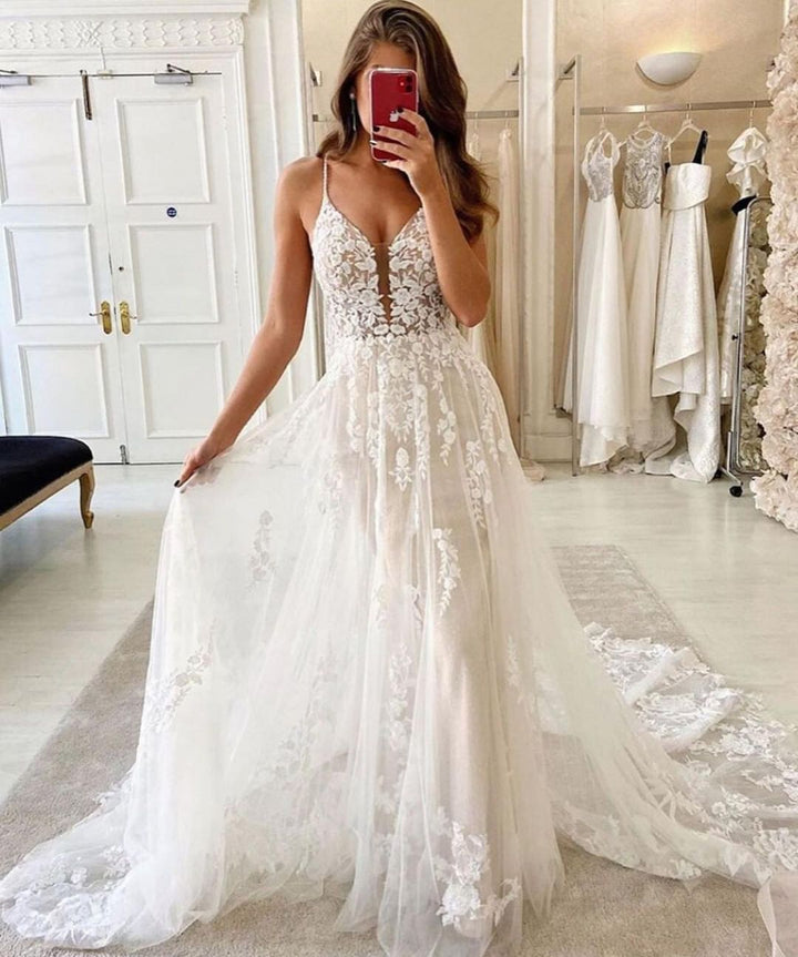 Bmbride Gorgeous Spaghetti Straps A-Line Tulle Appliques Lace Floor-length Prom Dress
