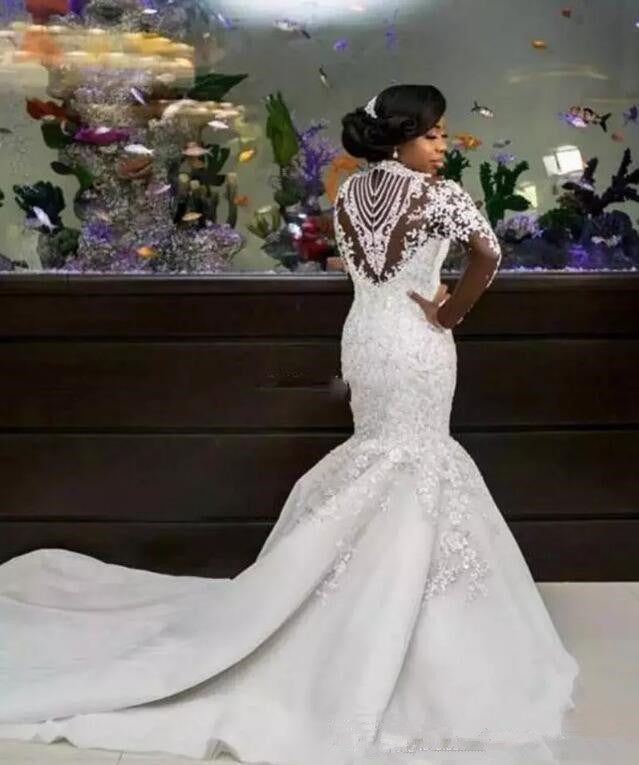 Bmbride High Neck Wedding Dress with Mermaid Beads and Lace Appliques