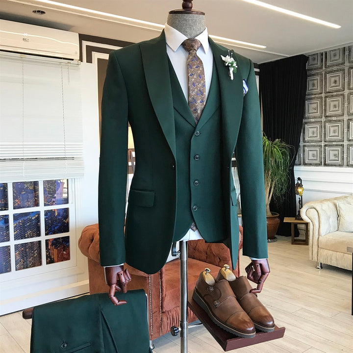 Koscy Modern Dark Green Three-Piece Dinner Suit with Peaked Lapel