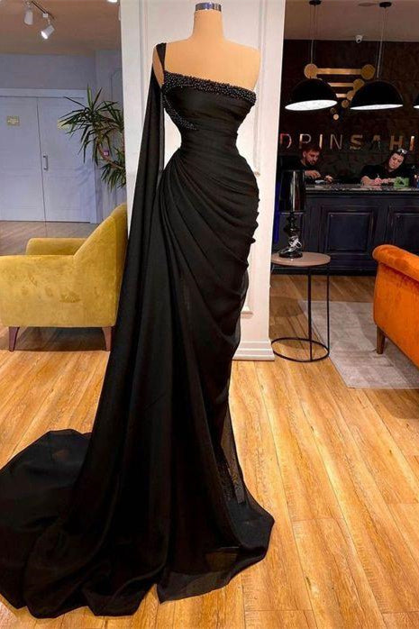 Mermaid Prom Dress - Black with Ruffles and Beads