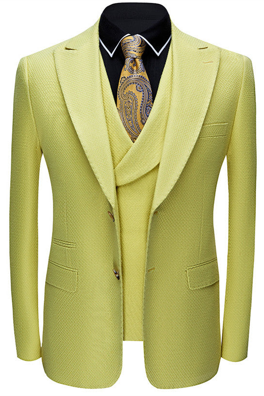 Koscy Stylish Yellow Three-Piece Groom and Groomsmen Suit with Peaked Lapel
