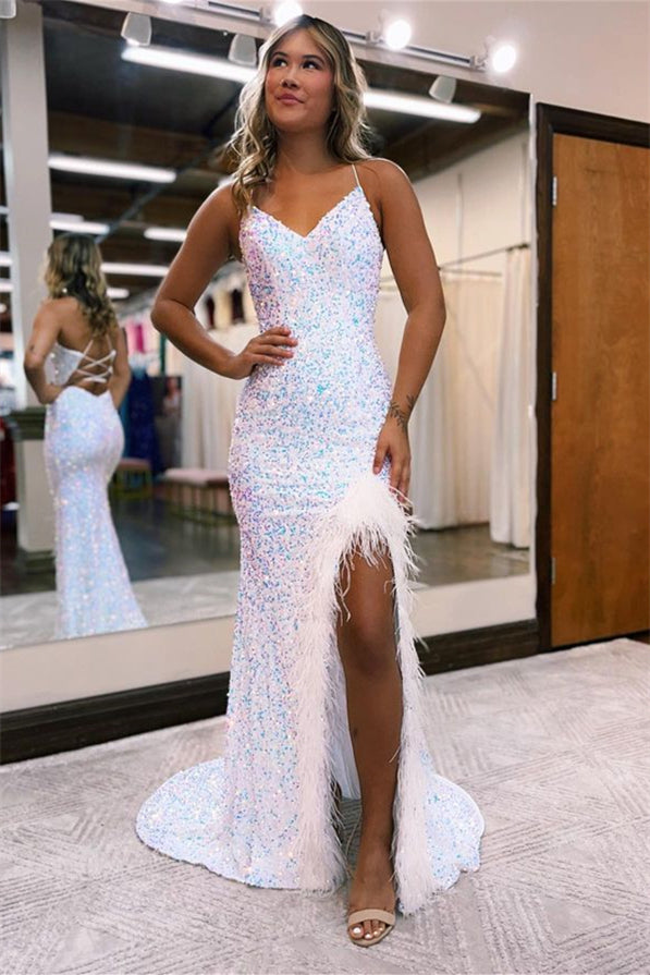Elegant V Neck Evening Dress with Sequins and Feather Detail Long Mermaid Style