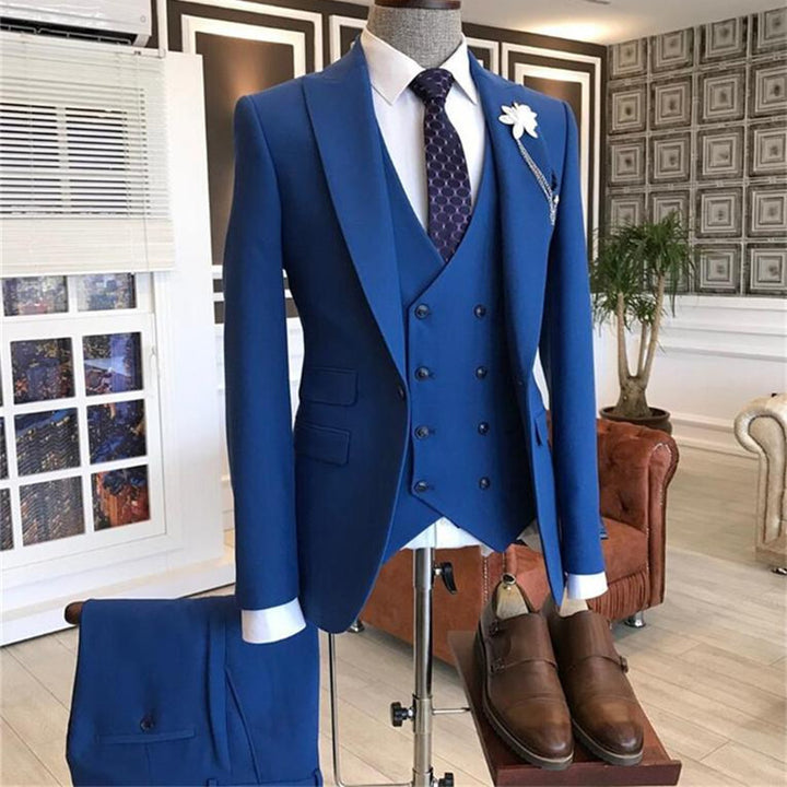 Koscy Modern Blue Evening Suit with Peaked Lapel and Three Pieces