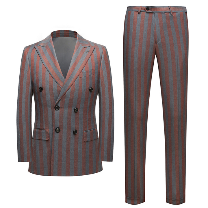 Koscy Casual Red and Gray Striped Summer Wedding Suit with Double-Breasted Style
