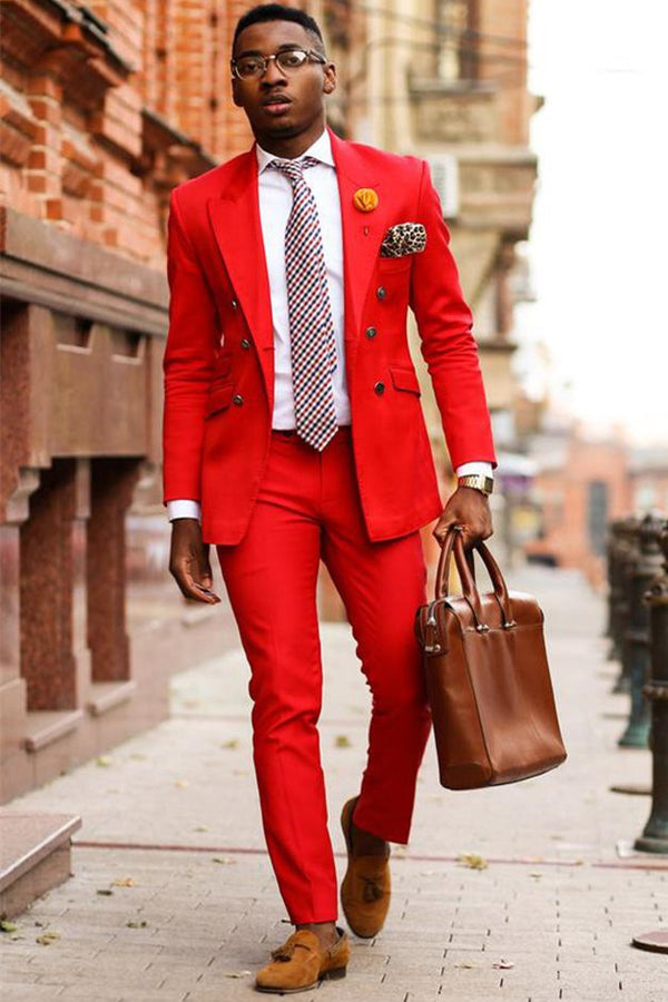 Koscy Fashionable Red Double-Breasted Blazer with Peaked Lapel for Party