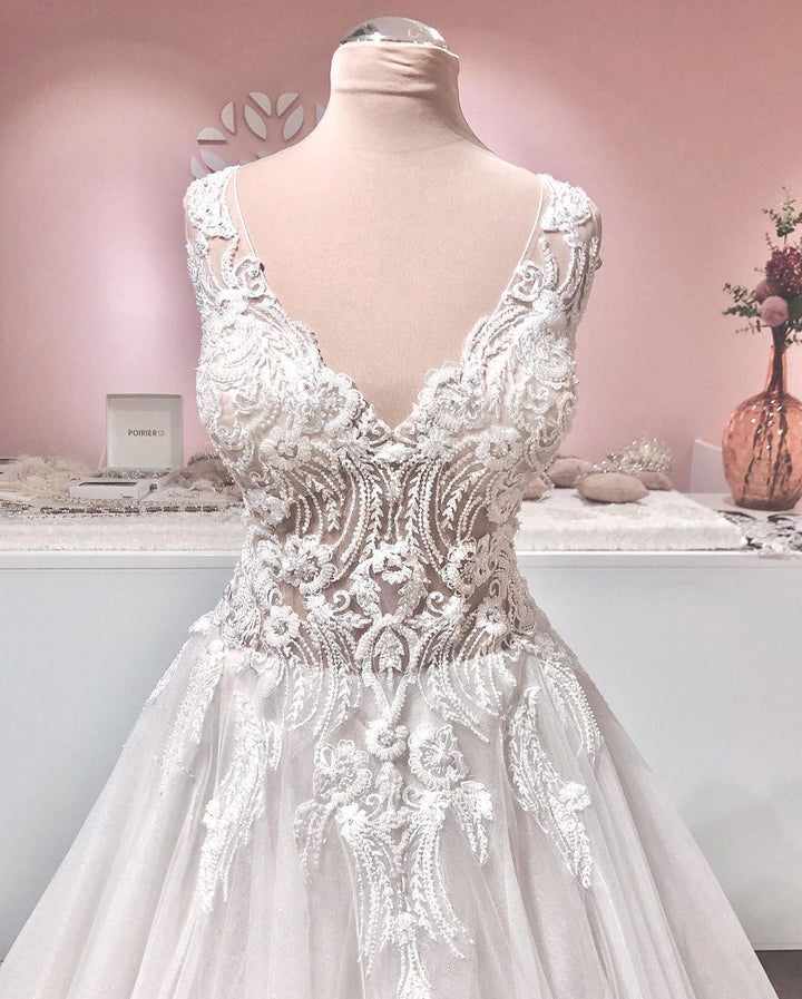 Bmbride A-line Deep V-neck Appliques Lace Backless Tulle Ruffles Wedding Dress