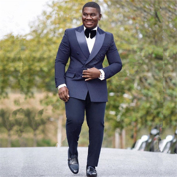Koscy Stylish Navy Blue Silk Lapel Reception Suit, Double Slim Fit with Peaked Lapel