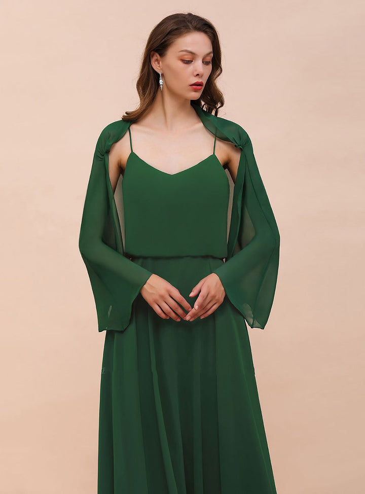 Dark Green Chiffon Special Occasion Wraps with Long Sleeves-koscy