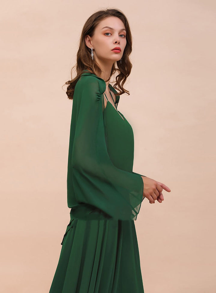 Dark Green Chiffon Special Occasion Wraps with Long Sleeves-koscy
