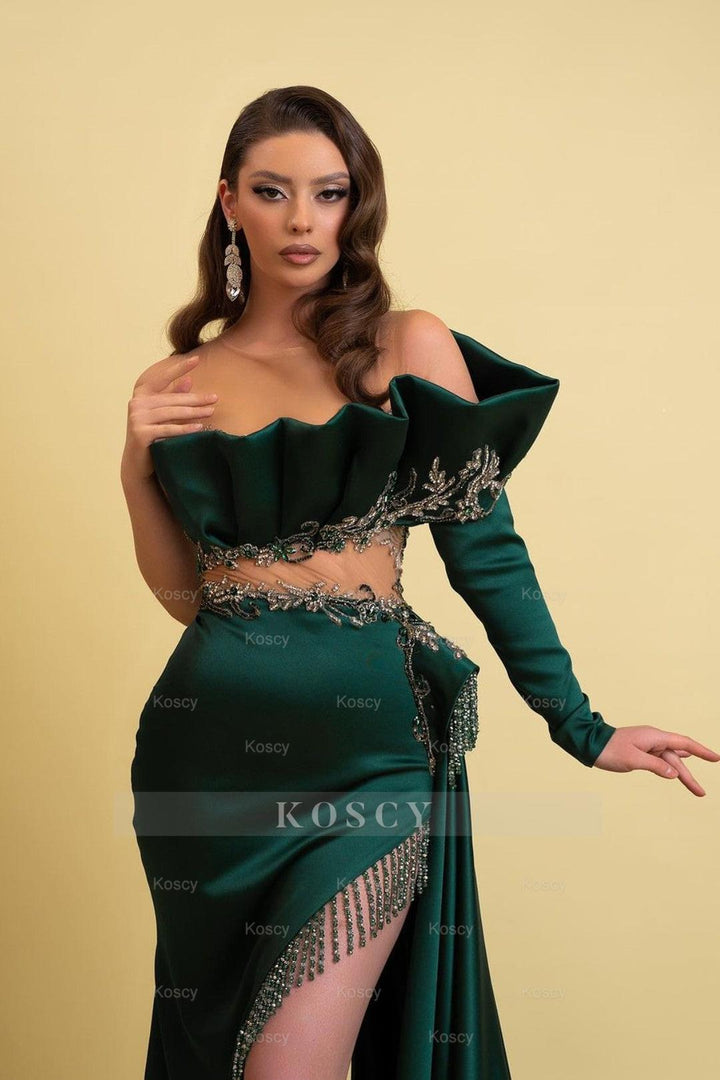 dark green long sleeve prom dress Dark Green Long Sleeves Charmeuse Prom Dress With Tassel High Slit Tra