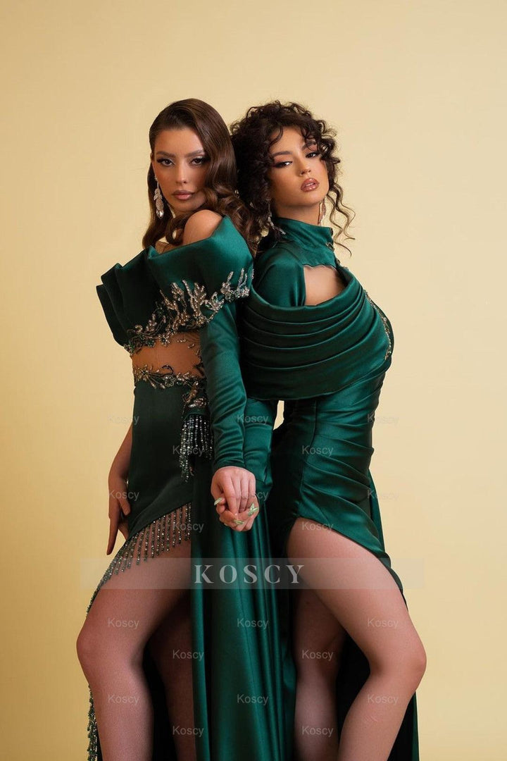 Dark Green Long Sleeves Charmeuse Prom Dress With Tassel High Slit Tra