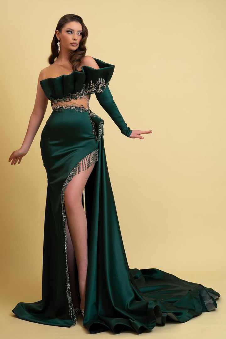 Dark Green Long Sleeves Charmeuse Prom Dress With Tassel High Slit Tra