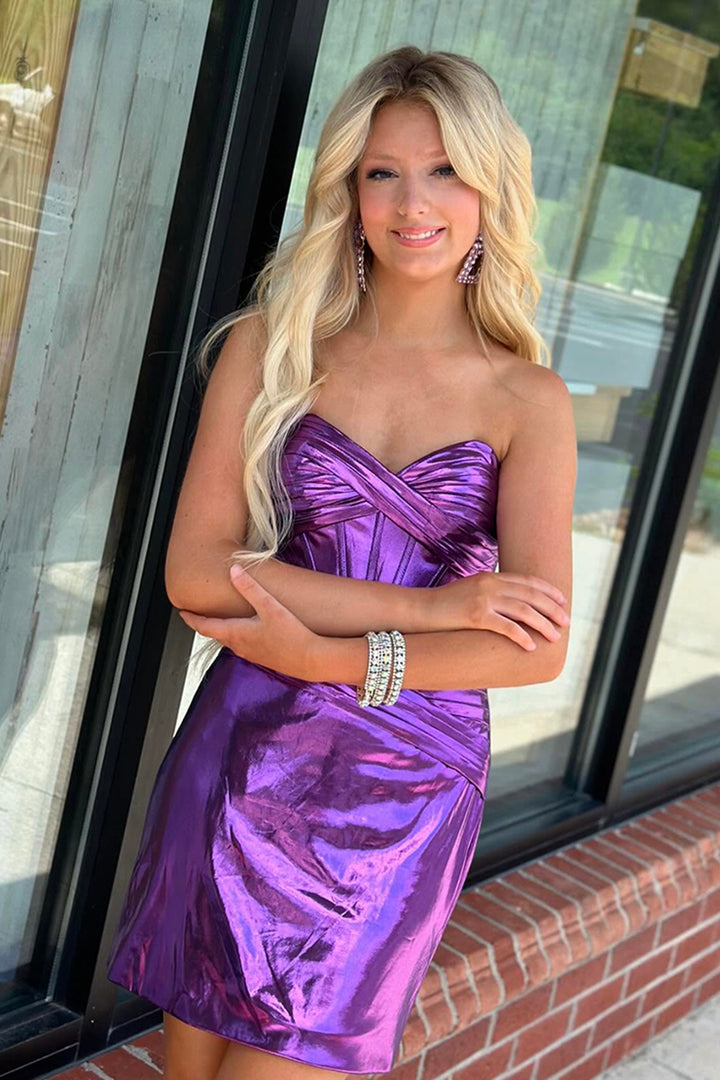 open lace back dress Dark Purple Strapless Bodycon Ruched Short Homecoming Dress
