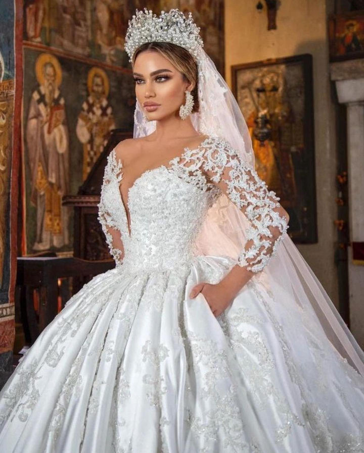 Bmbride Ball Gown V-neck Wedding Dress with Pockets and Long Sleeves in Gorgeous 3D Floral Lace