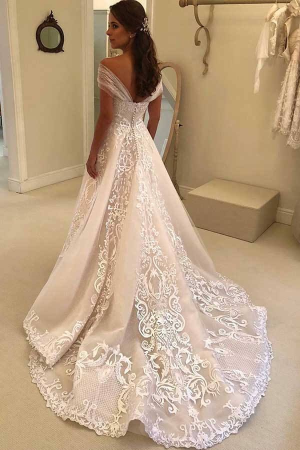 Bmbride Long A-line Off the Shoulder Floral Lace Appliques Wedding Dress