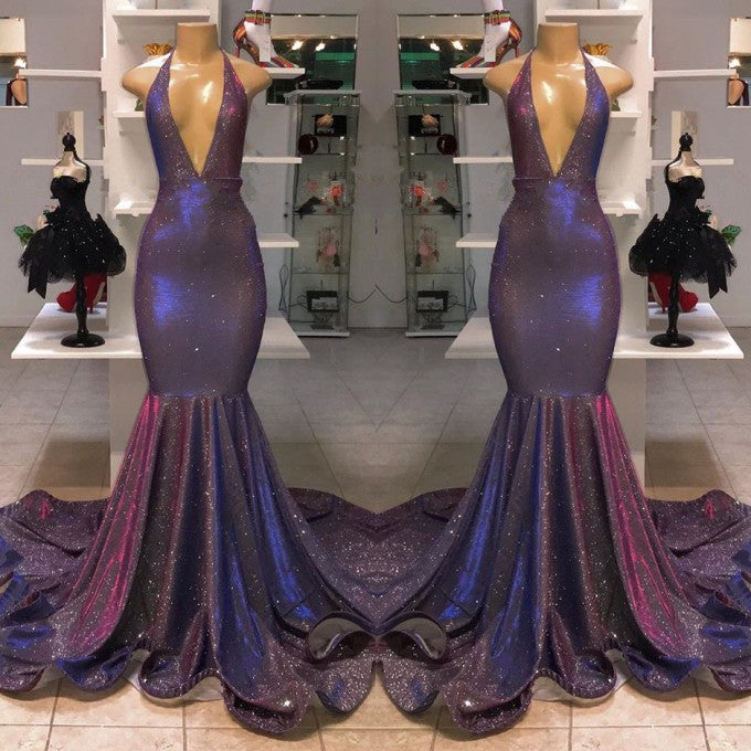 Sequin V-Neck Halter Mermaid Evening Dress