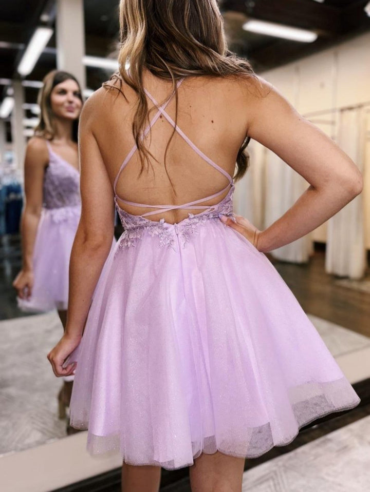 Koscy A-Line Backless Tulle Appliqued Homecoming Dress
