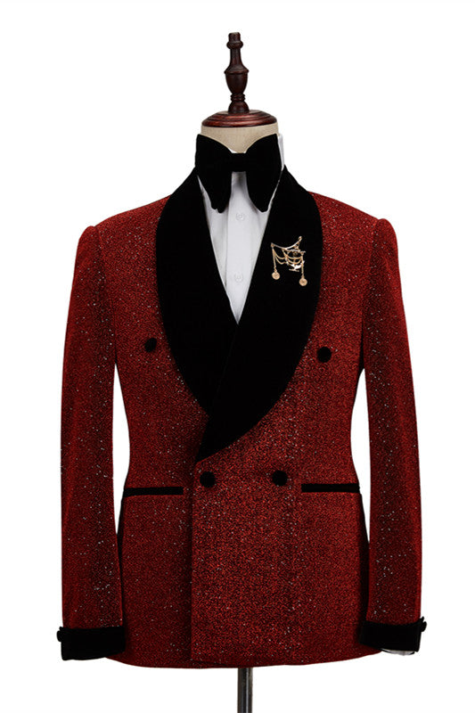 Koscy Fabulous Red Double-Breasted Wedding Suit with Black Shawl Lapel