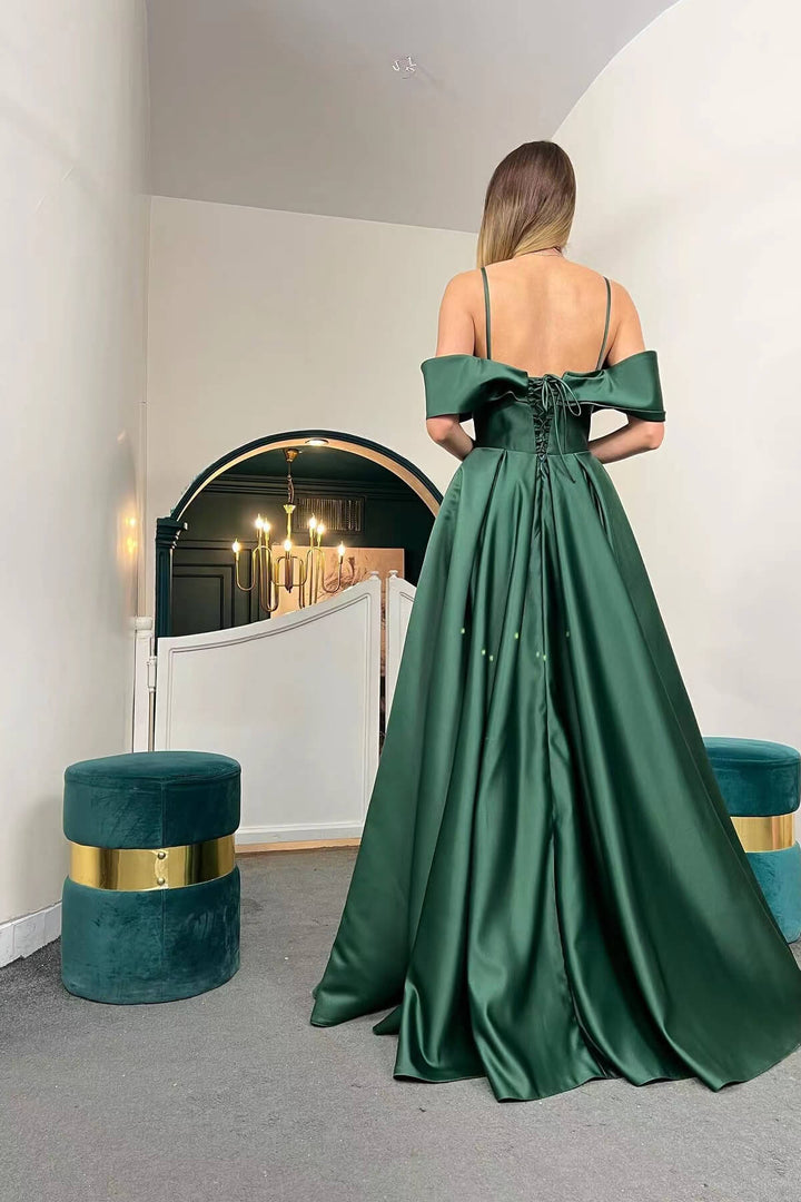 Off-the-Shoulder A-Line Lace-Up Back Long Evening Dress with Spaghetti Straps