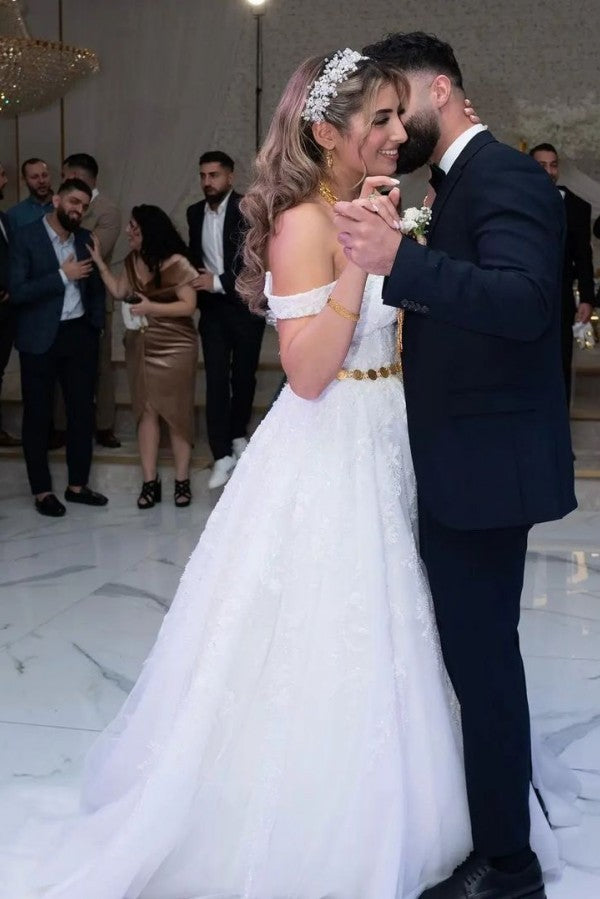 Bmbride Stunning Long A-line Off the Shoulder Tulle Lace Bridal Gowns