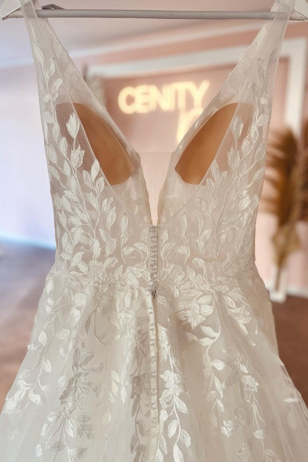 Bmbride Long Boho A-line V-neck Tulle Lace Backless Wedding Dresses