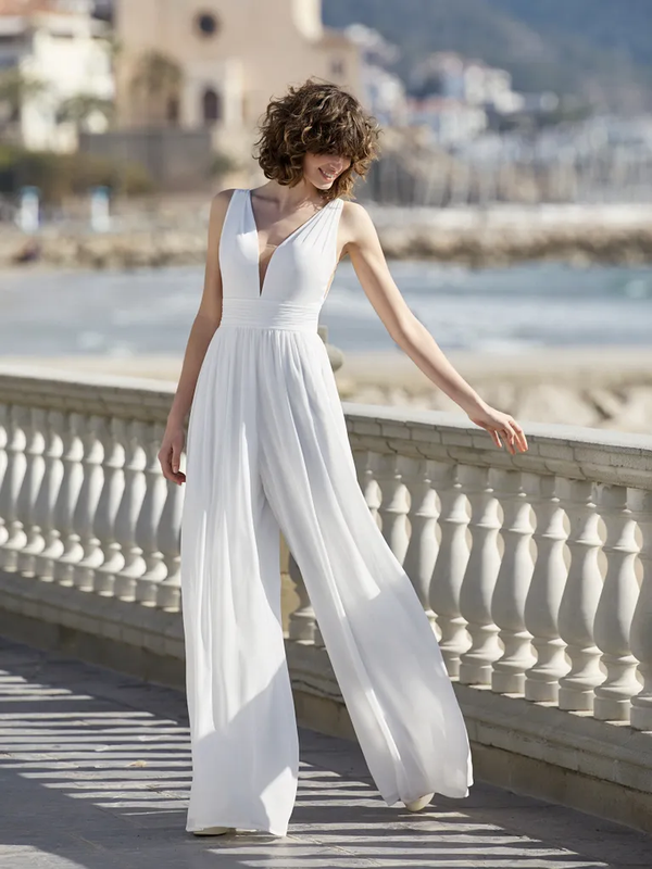 Koscy Charming White V-Neck Sleeveless Satin Long Jump Suit