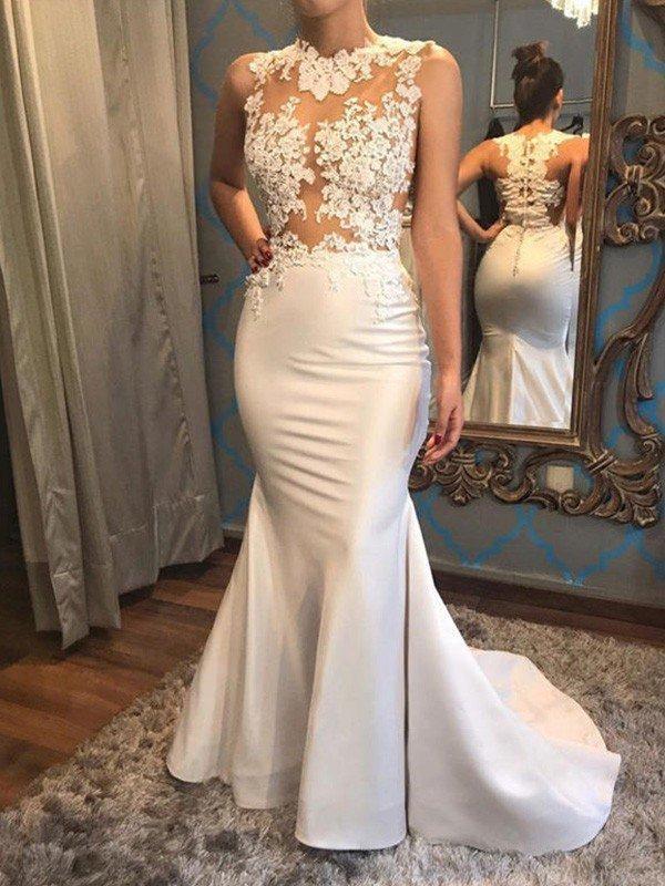 Bmbride Scoop Sleeveless Satin Applique Court Train Wedding Dresses