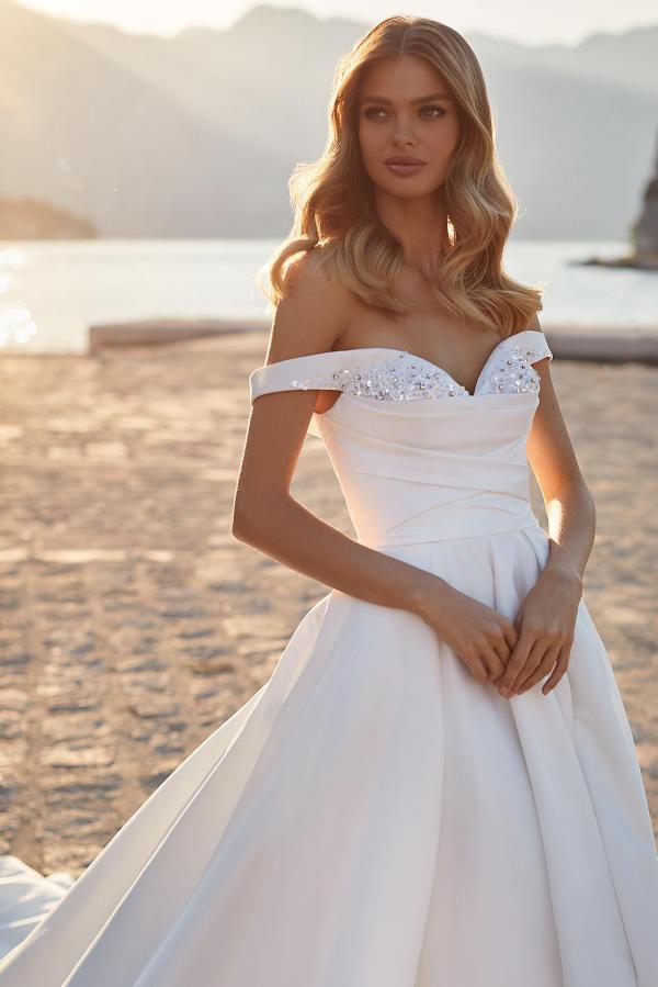 Bmbride A-line Off the Shoulder Ruched Satin Wedding Dress with Crystals