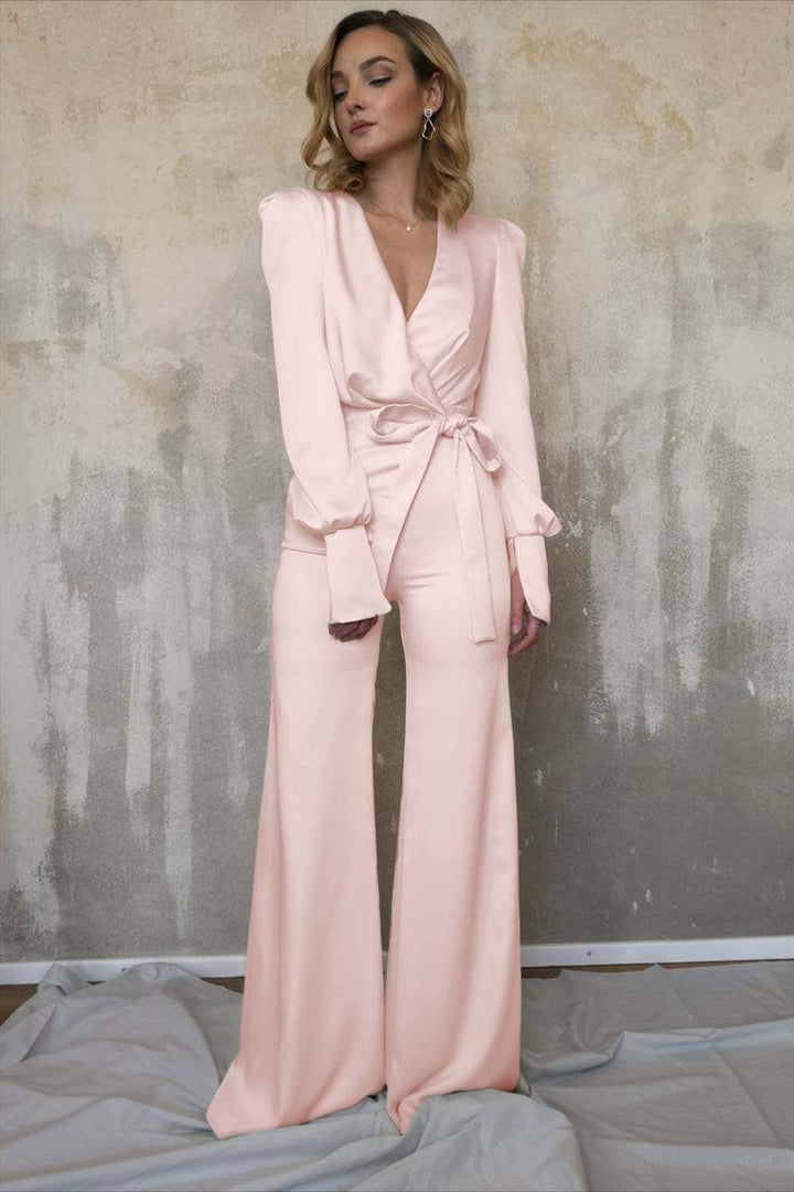 Koscy Charming Long Sleeves White V-Neck Long Jump Suit With Belt
