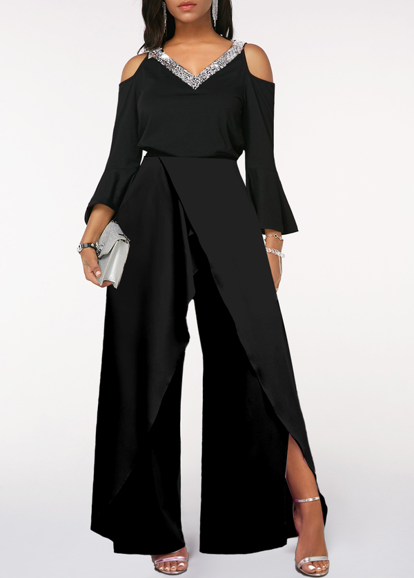 Koscy Chic Black V-Neck Long Sleeves Jump Suit