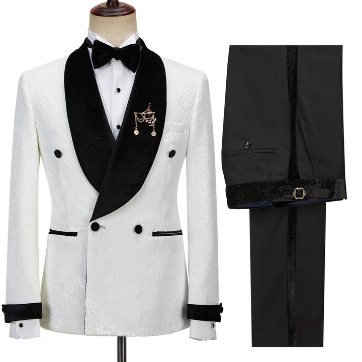Koscy White Double-Breasted Jacquard Shawl Lapel Reception Suit with Sparkle for Men