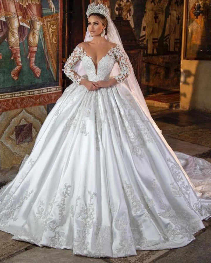 Bmbride Ball Gown V-neck Wedding Dress with Pockets and Long Sleeves in Gorgeous 3D Floral Lace
