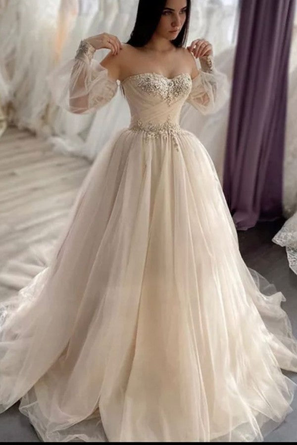 Bmbride Vintage Sweetheart Long Sleeve Backless Appliques Lace Crystal Tulle A-Line Wedding Dress