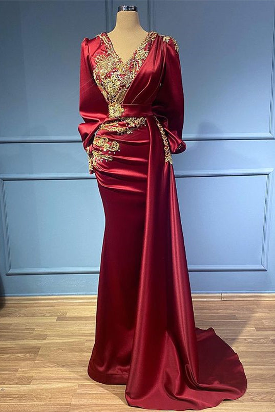 Burgundy Mermaid Evening Dress with Long Sleeves Beads Ruffles and Appliques