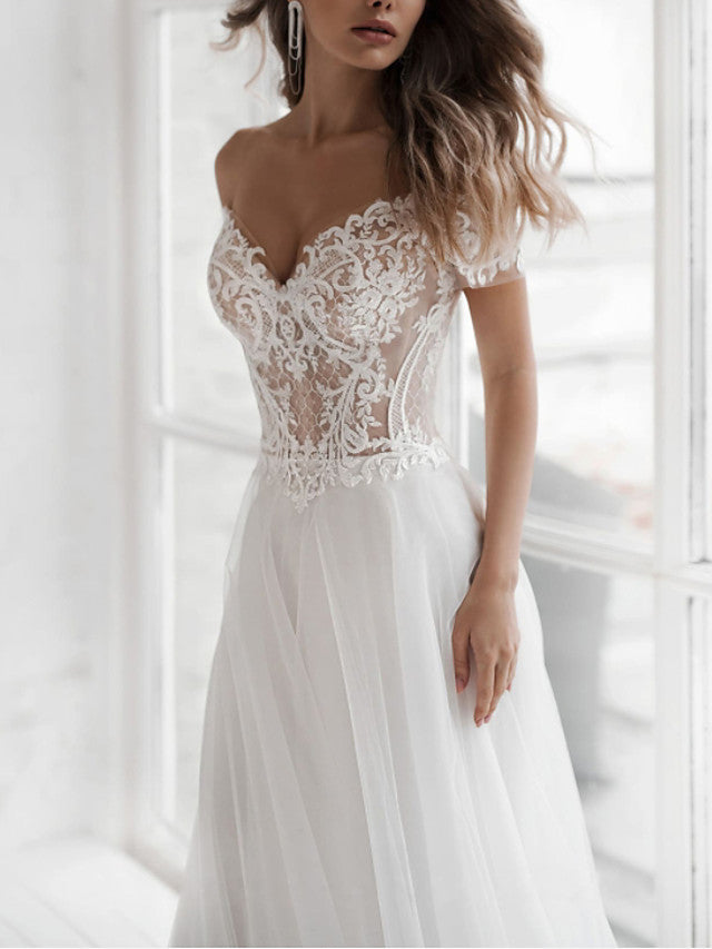Bmbride Off Shoulder Lace Tulle A-Line Wedding Dress with Sweep Train Short Sleeves - Beach Boho Sexy See-Through