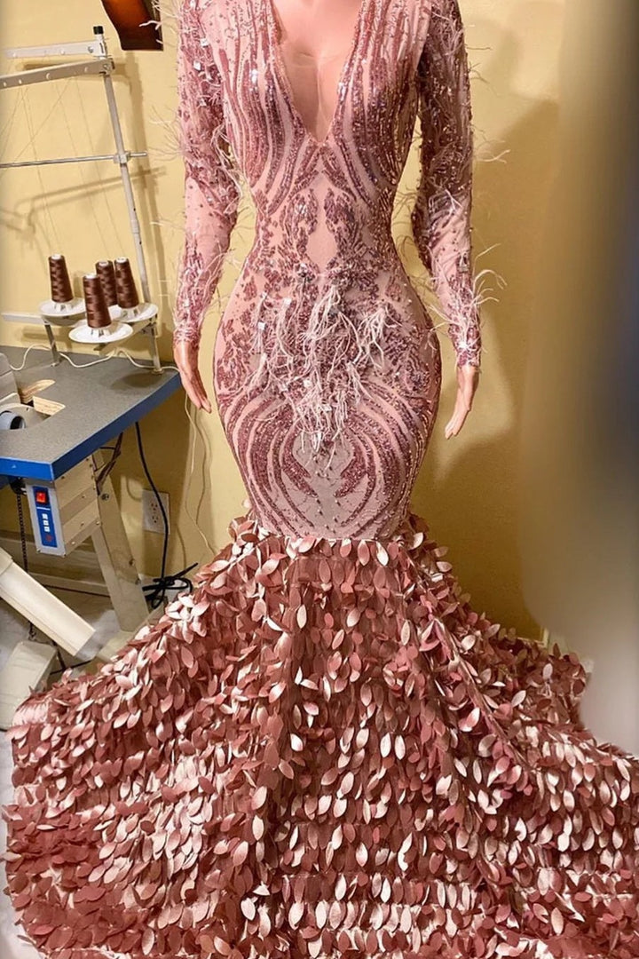 Pink V Neck Mermaid Prom Dress with Long Sleeves Feather Sequins and Appliques
