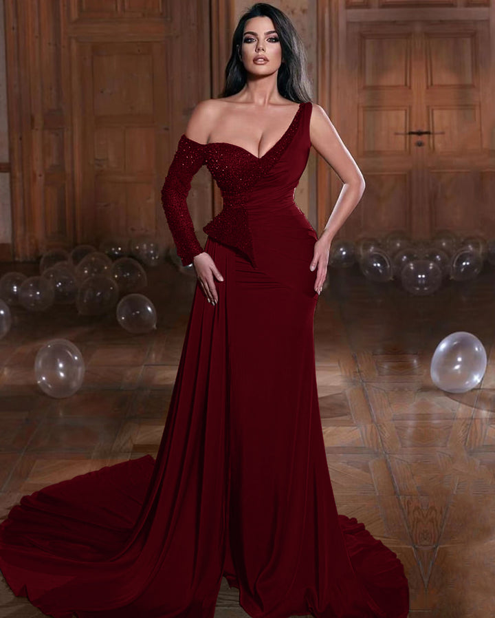 Dark Green One Shoulder Mermaid Evening Dress with Long Sleeves and Ruffles